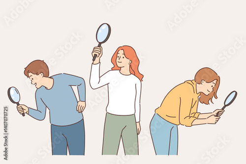 Collective search for ideas is carried out by team of young students holding magnifying glasses