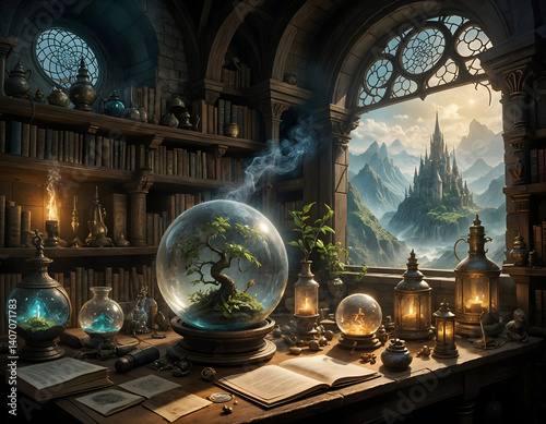 Alchemist lab. A strange and creepy scientist amongst cabinets of curiosities filled with lots of bottles and glass jars. CG Artwork Background. AI generated digital illustration