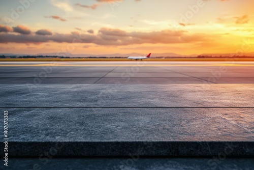 Empty marble table displaying airport runway at sunset with taxiing airplane