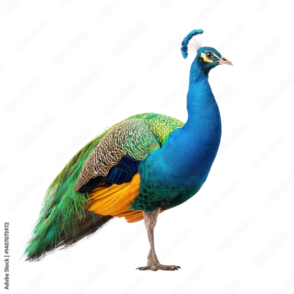 Obraz premium Elegant peacock with vibrant blue, green, and gold plumage, isolated on white. A symbol of beauty and grace.