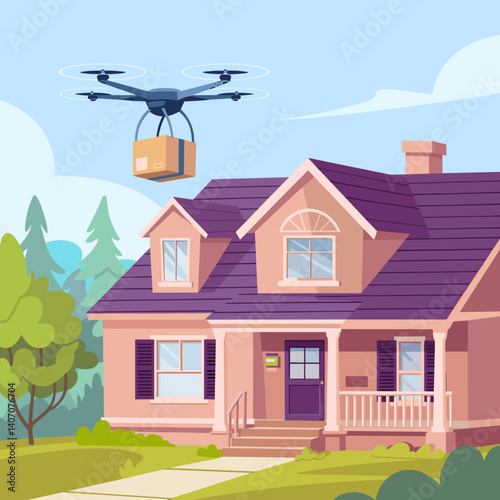 Drone Delivery Above Modern Suburban House