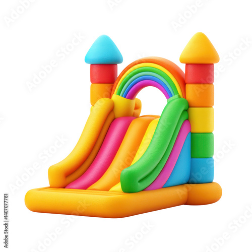 Colorful inflatable bouncy castle with rainbow. Fun playground equipment for kids. 3D render.