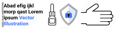Hand graphic and bottle of sanitizer emphasize health and hygiene. Shield with lock symbolizes protection, security, and safety. Ideal for healthcare, wellness, technology, safety, cleanliness