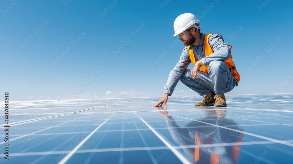 An engineer inspecting solar panels under a bright blue sky. He wears a white helmet and safety vest. The scene conveys a sense of responsibility and progress in sustainable energy. An engineer inspecting solar panels under a bright blue sky. He wears a white helmet and safety vest. The scene conveys a sense of responsibility and progress in sustainable energy.