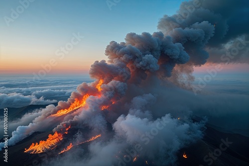 Luminous Flames and Layered Smog Under a Bright Blue Sky