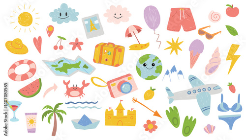Summer stickers set. Set of elements for travel and vacation. Children's simple pencil drawing. Hand drawn vector illustration.