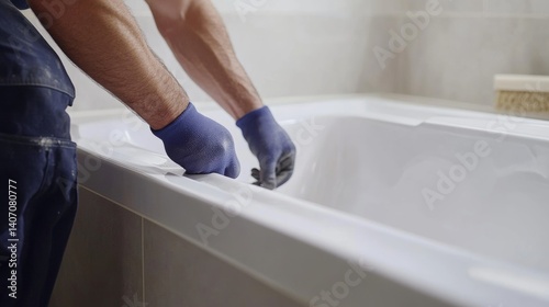 Plumber installing a new bathtub in a bathroom. Featuring bathtub installation
