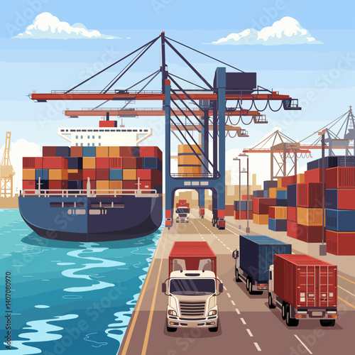 Busy Cargo Port with Container Ships and Trucks