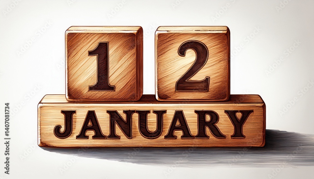 Illustration of wooden blocks with date 12 January. Day and month, simple calendar Illustration of wooden blocks with date 12 January. Day and month, simple calendar