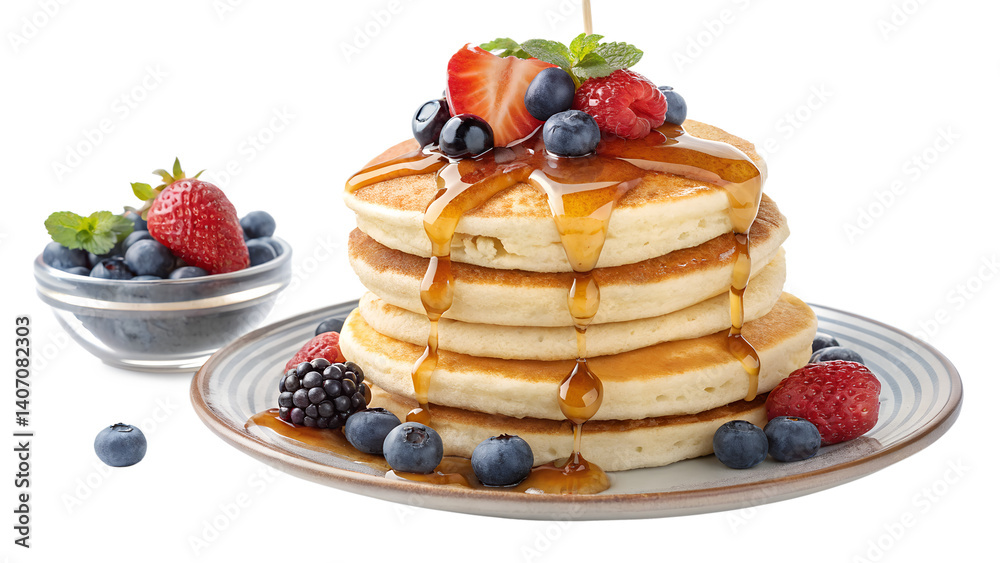 custom made wallpaper toronto digitalA stack of fluffy pancakes is artfully arranged on a plate, generously drizzled with rich maple syrup. Fresh strawberries, blueberries, and blackberries adorn the top, adding vibrant PNG transparent