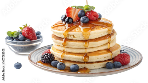 Wallpaper Mural A stack of fluffy pancakes is artfully arranged on a plate, generously drizzled with rich maple syrup. Fresh strawberries, blueberries, and blackberries adorn the top, adding vibrant PNG transparent Torontodigital.ca