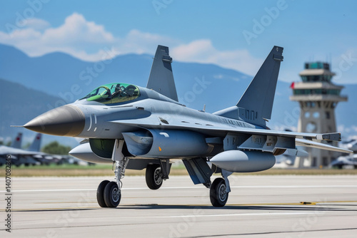 Military F-16 fighter jet close-up in a taxiing position