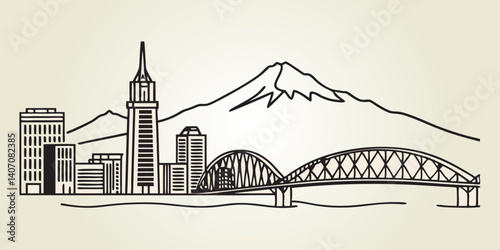 Line drawing of the Portland skyline, capturing Mount Hood in the background and iconic bridges in a sleek, continuous-line style.
