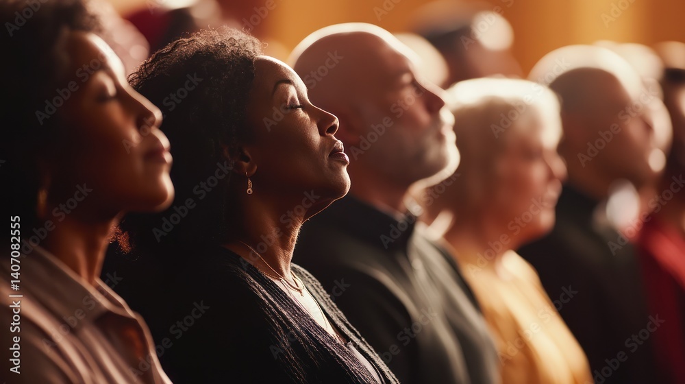 Obraz premium Diverse group of people with eyes closed in serene meditation or contemplation