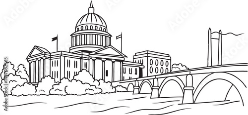 Richmond skyline, showcasing the Virginia State Capitol and James River bridges in a modern, continuous-line style.