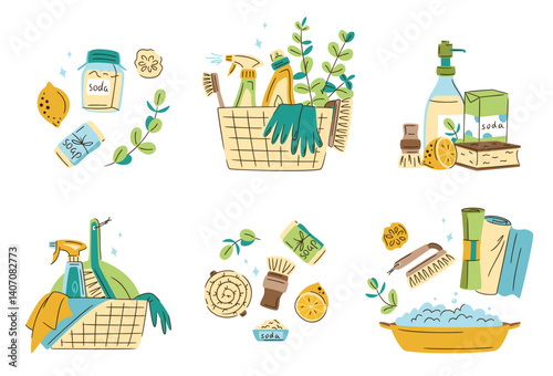 Eco-friendly cleaning products set. Organic natural ecological cleaners, soap, brushes. Green housework stuff, clean home supplies, zero waste lifestyle. Isolated vector illustration. Spring cleaning