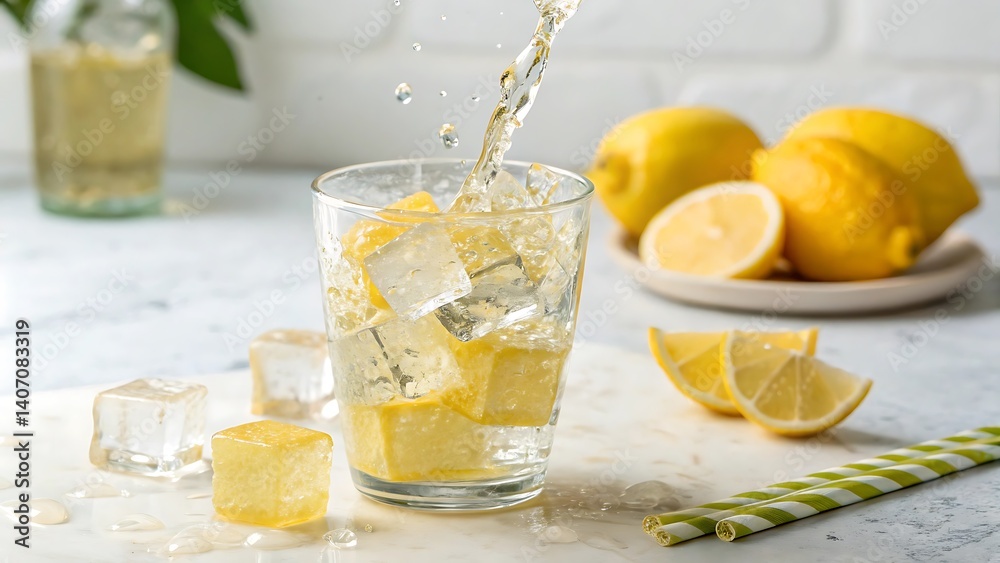 A cold glass of fresh lemonade with lemon and mint, a citrus refreshment A cold glass of fresh lemonade with lemon and mint, a citrus refreshment
