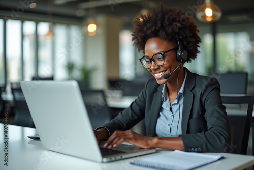Customer service consultant, African happy woman telemarketing on contact us CRM or telecom. Call center communication, ecommerce and information technology consulting on microphone. AI