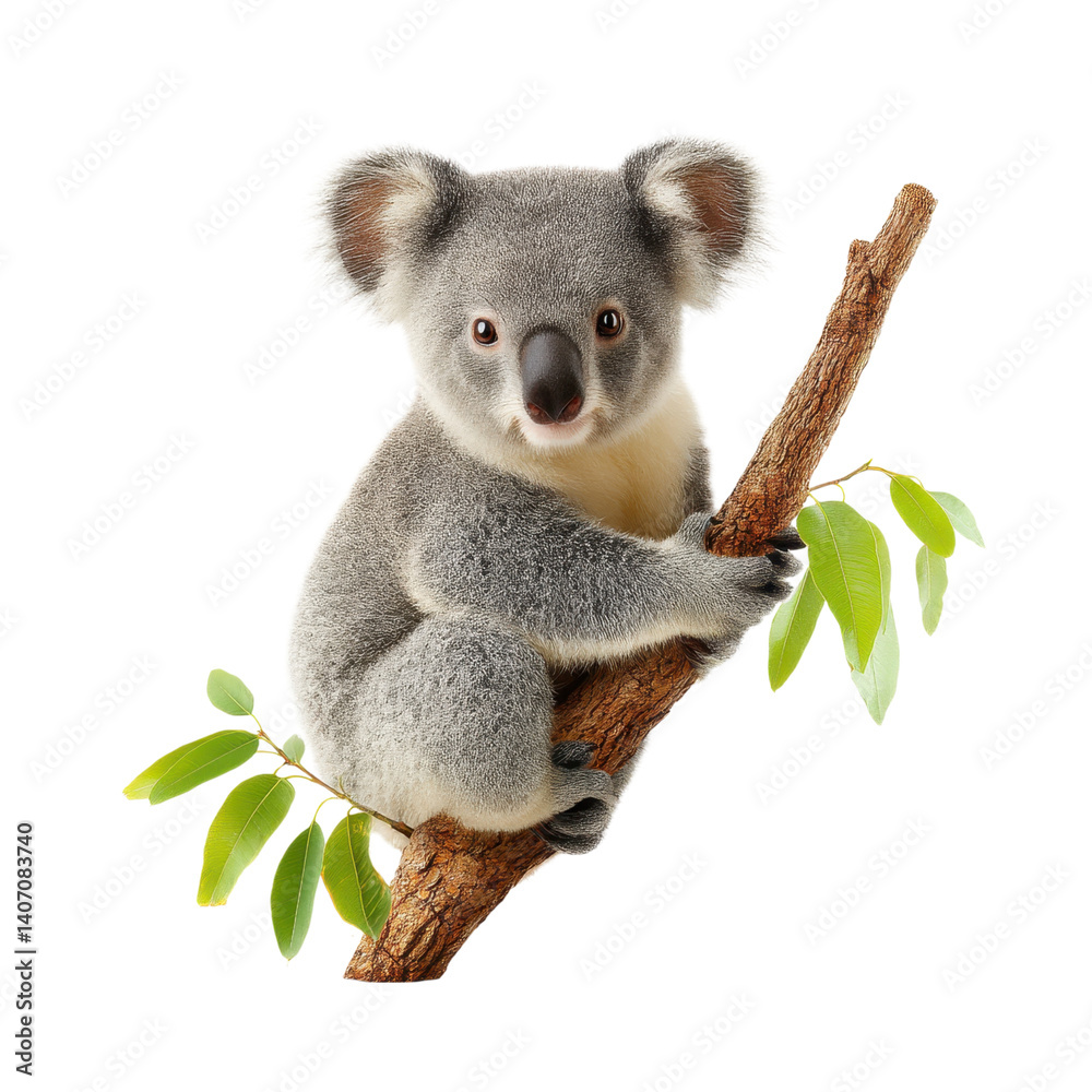 Naklejka premium Cute koala bear sitting on a branch with green leaves. Concept of wildlife, nature, and Australian animals.