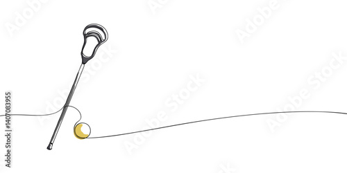 Stylized one-line illustration of a lacrosse stick with ball, combining minimalist design and sporty aesthetic for modern visuals.