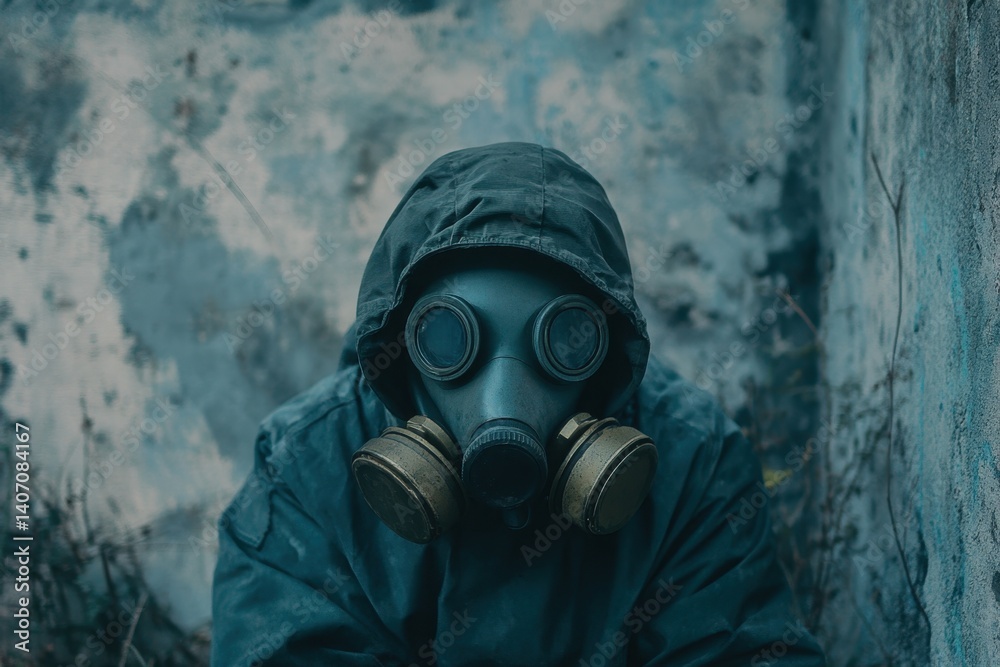 Individual wearing a gas mask in an abandoned location during a somber moment Individual wearing a gas mask in an abandoned location during a somber moment