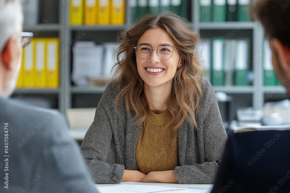 Fototapeta premium Italian Tax Consultant Talking to Clients in Modern Office – Smiling and Providing Information