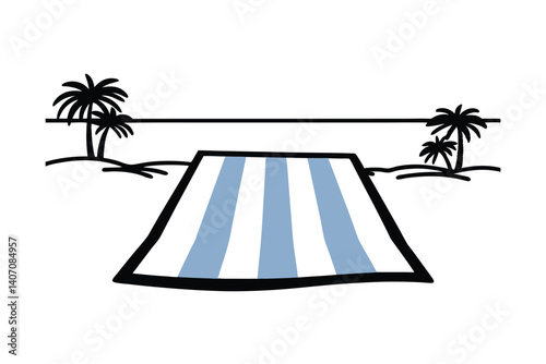 Minimalist Beach Scene Illustration With Palm Trees And Blue Striped Beach Mat