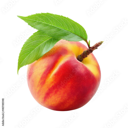 Fresh ripe peach with leaves isolated on white background. Healthy eating and fruitarianism concept.