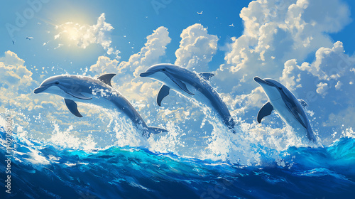 Happy dolphins splash through vibrant blue water
