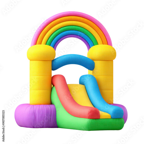 Colorful inflatable bouncy castle with rainbow and slide. Fun playground for kids. Concept of childhood, party, and recreation.