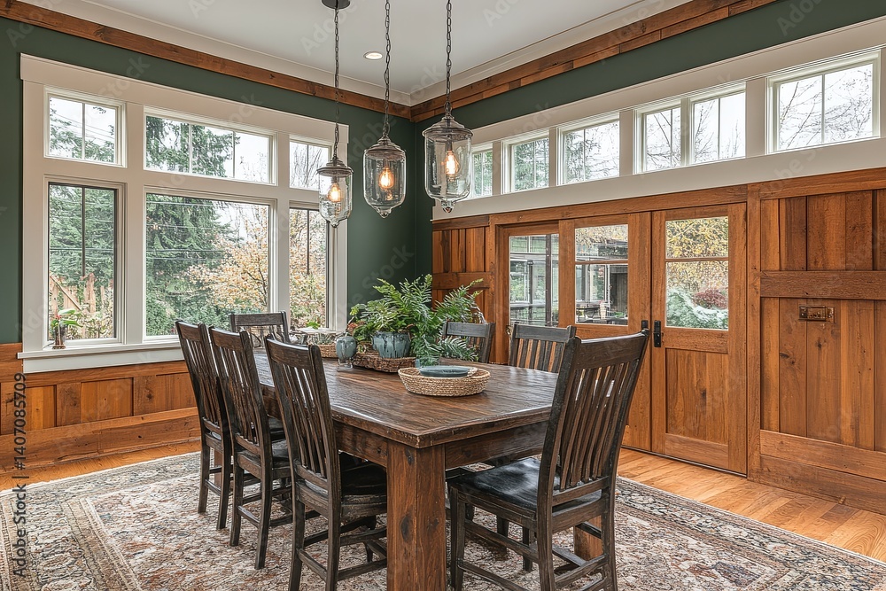 Fototapeta premium Craftsman-style dining room with dark wood table, chairs, green walls, white ceiling, glass pendant lights, and brown wood paneling.