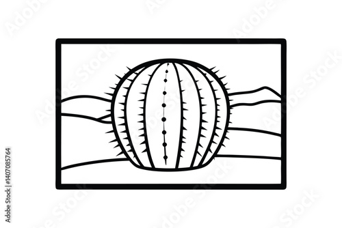 Barrel Cactus Black Outline On Desert Landscape In A Black Frame