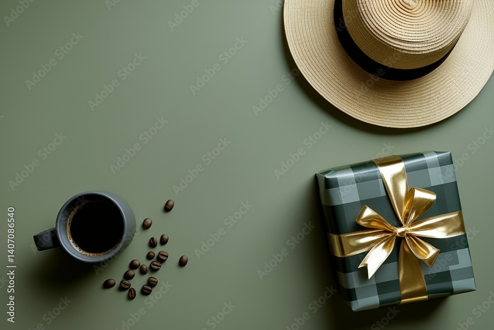 Coffee, Wrapped Gift, and Straw Hat on Olive Green Background
