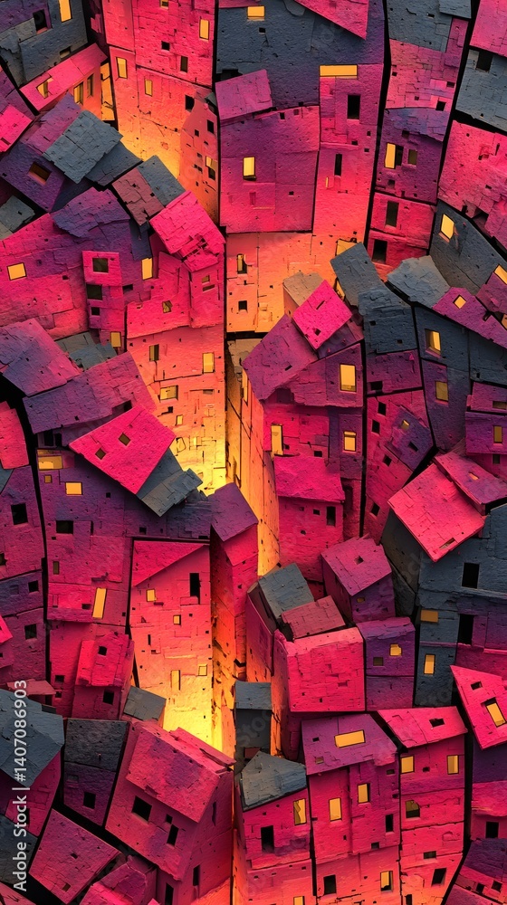 Obraz premium Crimson Cityscape: A striking artistic depiction of a cityscape with buildings of various sizes bathed in an intense crimson light, exuding an atmosphere of warmth and urban life.