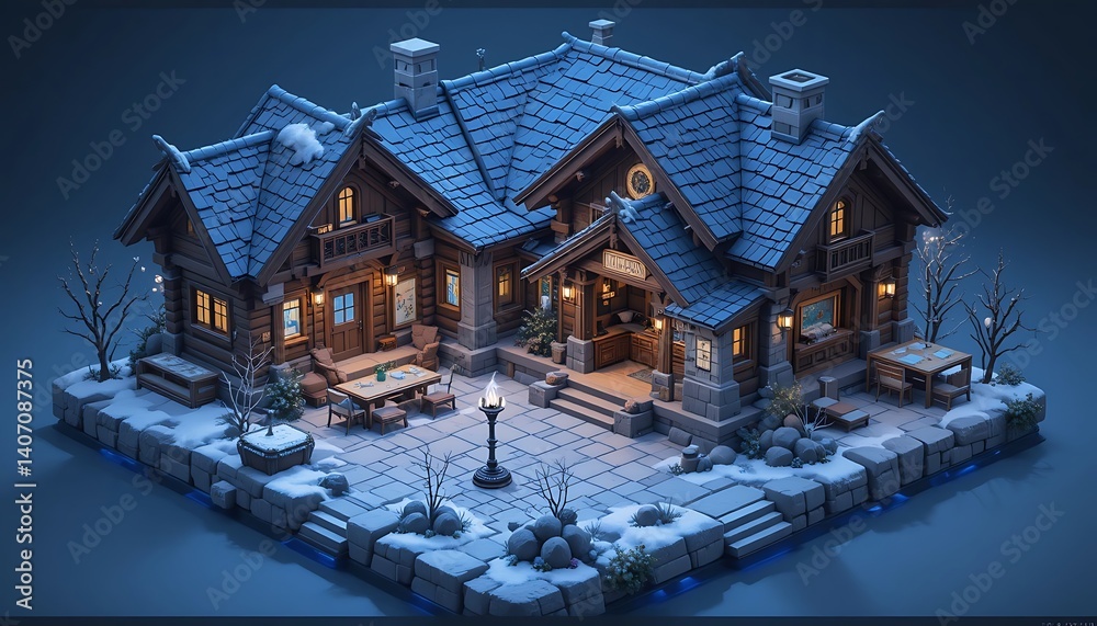 Cozy Mountain Lodge: A Winter's Evening Scene in Isometric Style
