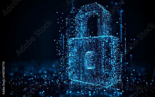 Digital Fortress: A stunning digital representation of a padlock, constructed from a multitude of luminescent particles, symbolizing robust data protection and safeguarding the digital landscape.