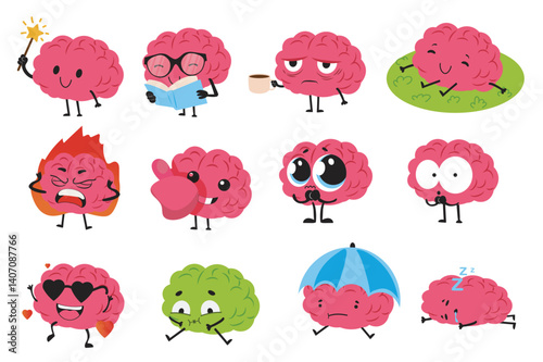 Brain character set in flat cartoon graphic design. Collection isolated elements of cute smart mascot with magic wand, reading book, drinking coffee, relax in grass and other. Vector illustration.