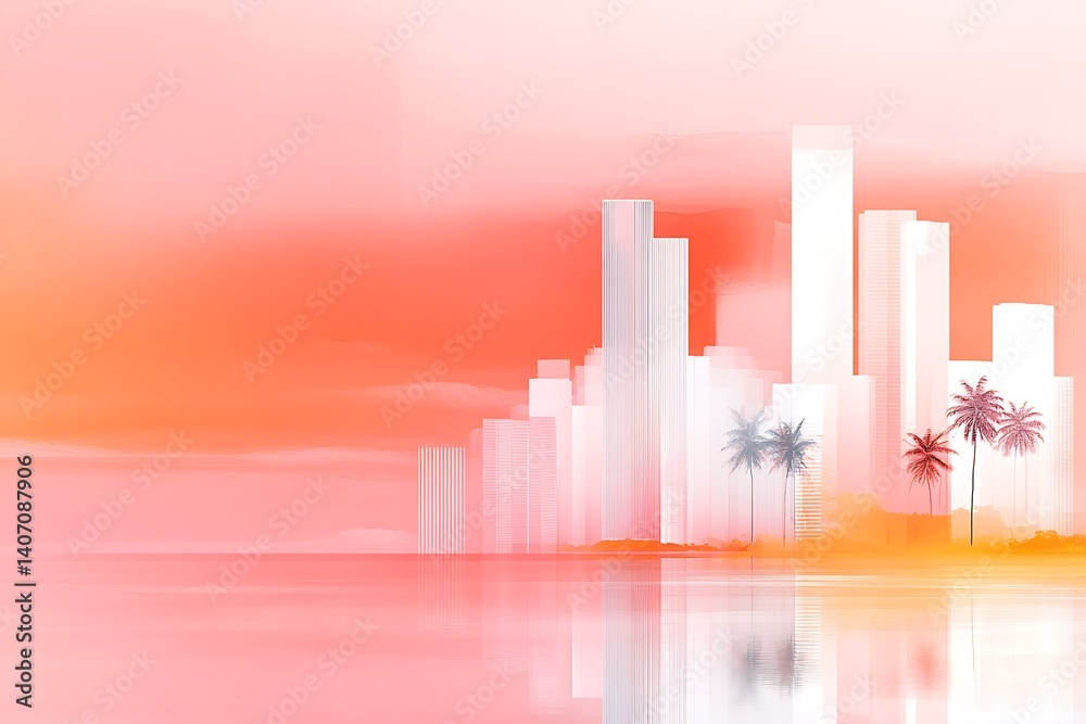 Fototapeta premium Sunset Cityscape with Palm Trees, and Beach.