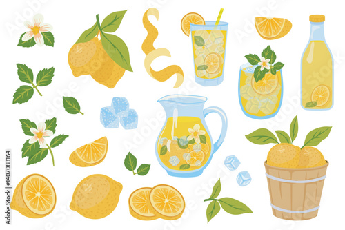 Lemons and lemonade set in flat graphic design. Collection isolated elements with citrus fruit slices, citric flower and leaves, glass, cup or bottle with juice drink and other. Vector illustration.