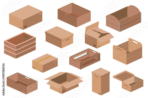 Wooden and cardboard boxes set in flat graphic design. Collection isolated elements with empty packaging, opened and closed containers, shipping packages, crates and parcels. Vector illustration.
