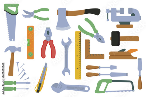 Woodworking tools set in flat graphic design. Collection isolated elements with saw, pruning shears, axe, pliers, level, wrench, ruler, angle, hammer, plane, screwdriver, other. Vector illustration.
