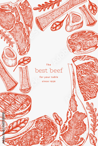 Butchery Shop Design Template. Vector Hand Drawn Meat Banner. Vintage Style Bar B Q Menu Illustration.