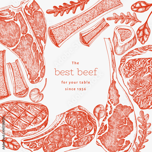 Butchery Shop Design Template. Vector Hand Drawn Meat Banner. Vintage Style Bar B Q Menu Illustration.