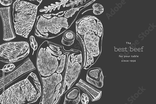Butchery Shop Chalk Board Design Template. Vector Hand Drawn Meat Banner. Vintage Style Bar B Q Menu Illustration.