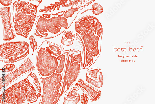 Butchery Shop Design Template. Vector Hand Drawn Meat Banner. Vintage Style Bar B Q Menu Illustration.