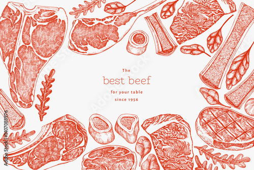 Butchery Shop Design Template. Vector Hand Drawn Meat Banner. Vintage Style Bar B Q Menu Illustration.