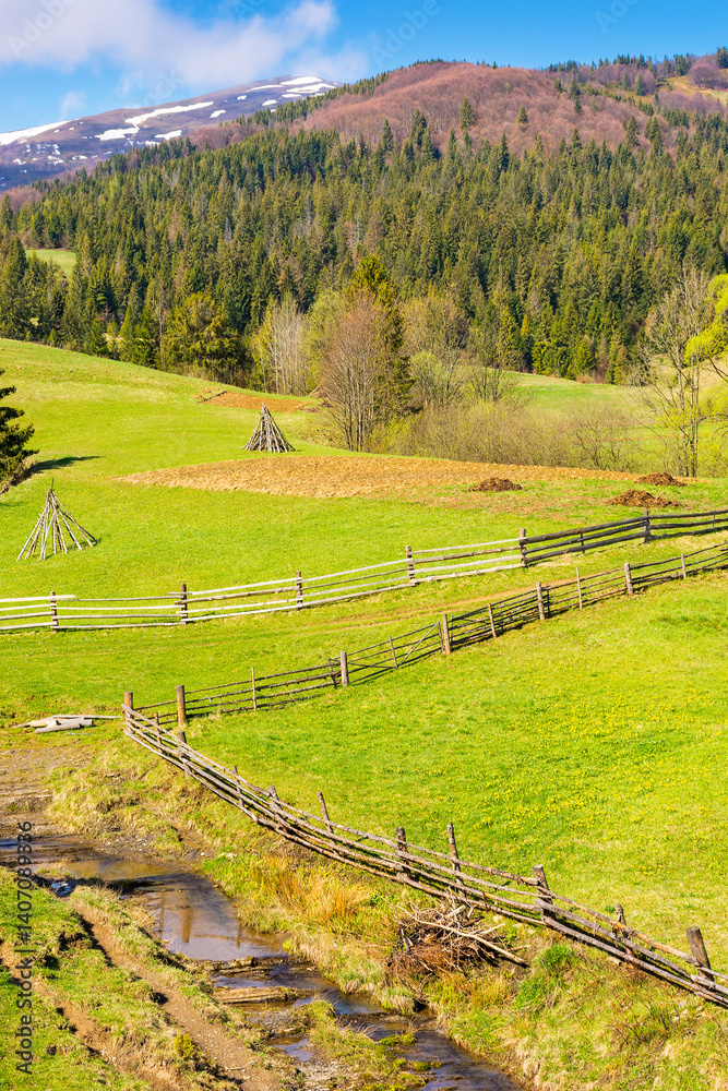 rural landscape with wooden fence. sunny morning. countryside nature on mountain with sky and cloud. grass field for pasture. green scenic forest on hill for outdoor travel