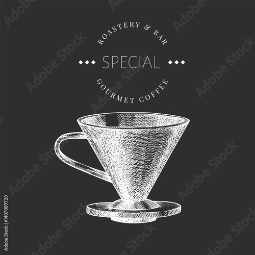 Alternative Coffee Maker Chalk Board Illustration. Vector Hand Drawn Isolated Glass Coffee Pot. Vintage Style Filter Coffee Maker