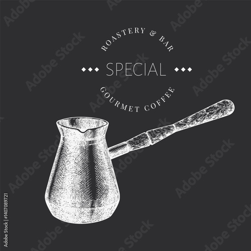 Turkish Coffee Pot Illustration. Vector Hand Drawn Chalk Board Isolated East Kitchen Utensil. Vintage Style Barista Tool