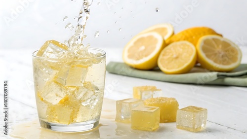A fresh yellow lemon slice splashes into a cold glass of water